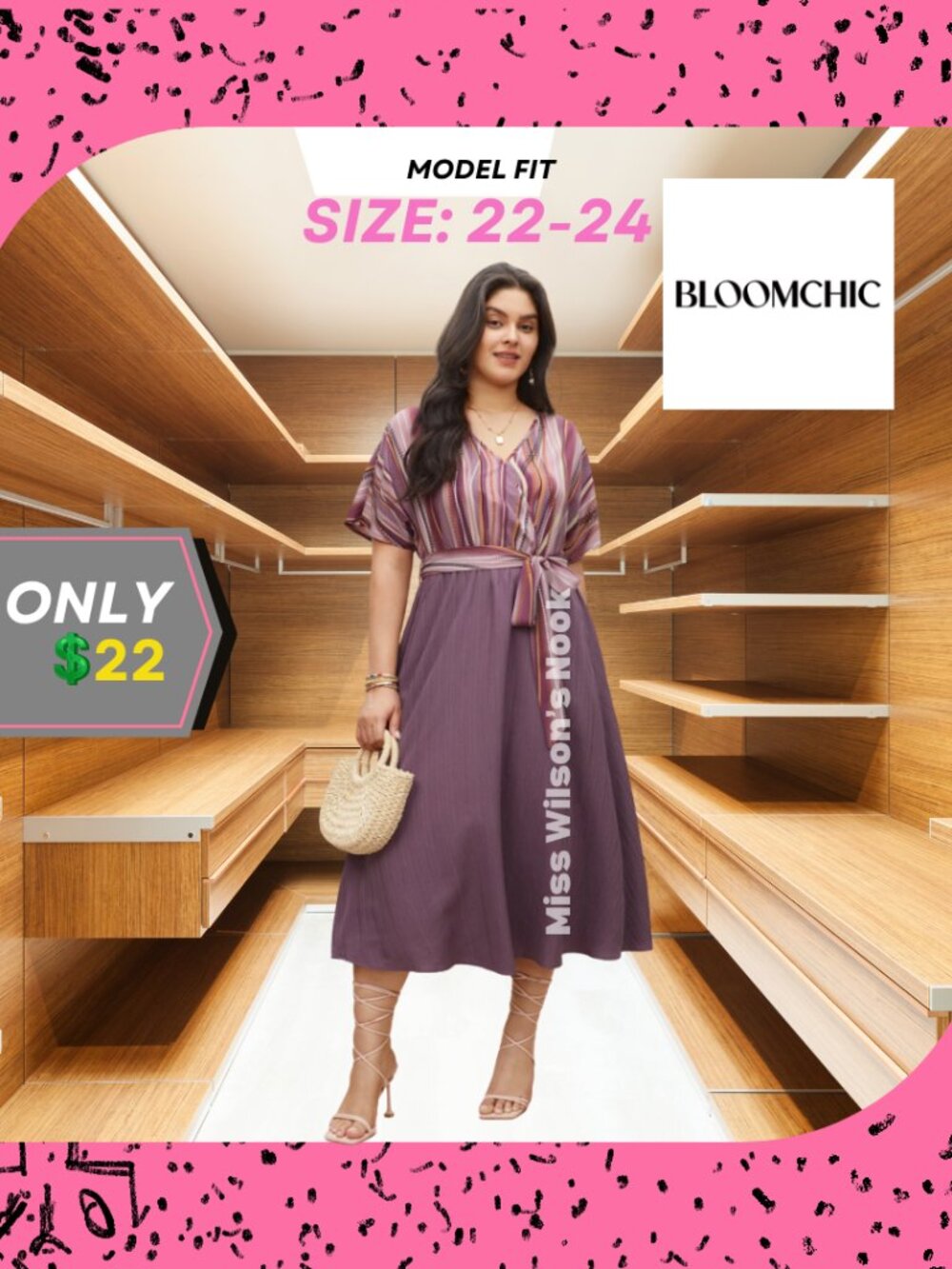 BloomChic Striped V-Neck Flutter Sleeve Midi Dress - Size 22-24